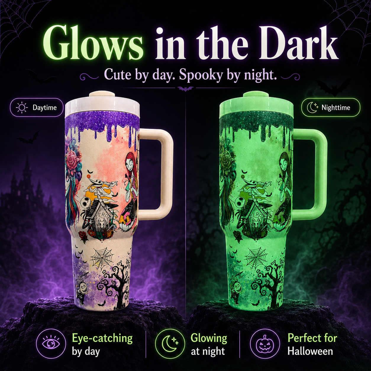 Halloween tumbler shown by day and glowing after dark