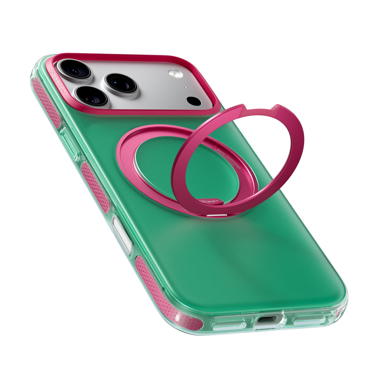 TORRAS Ostand O3 Hue case for iPhone 18 Pro/Pro Max in green with a pink ring stand, back view