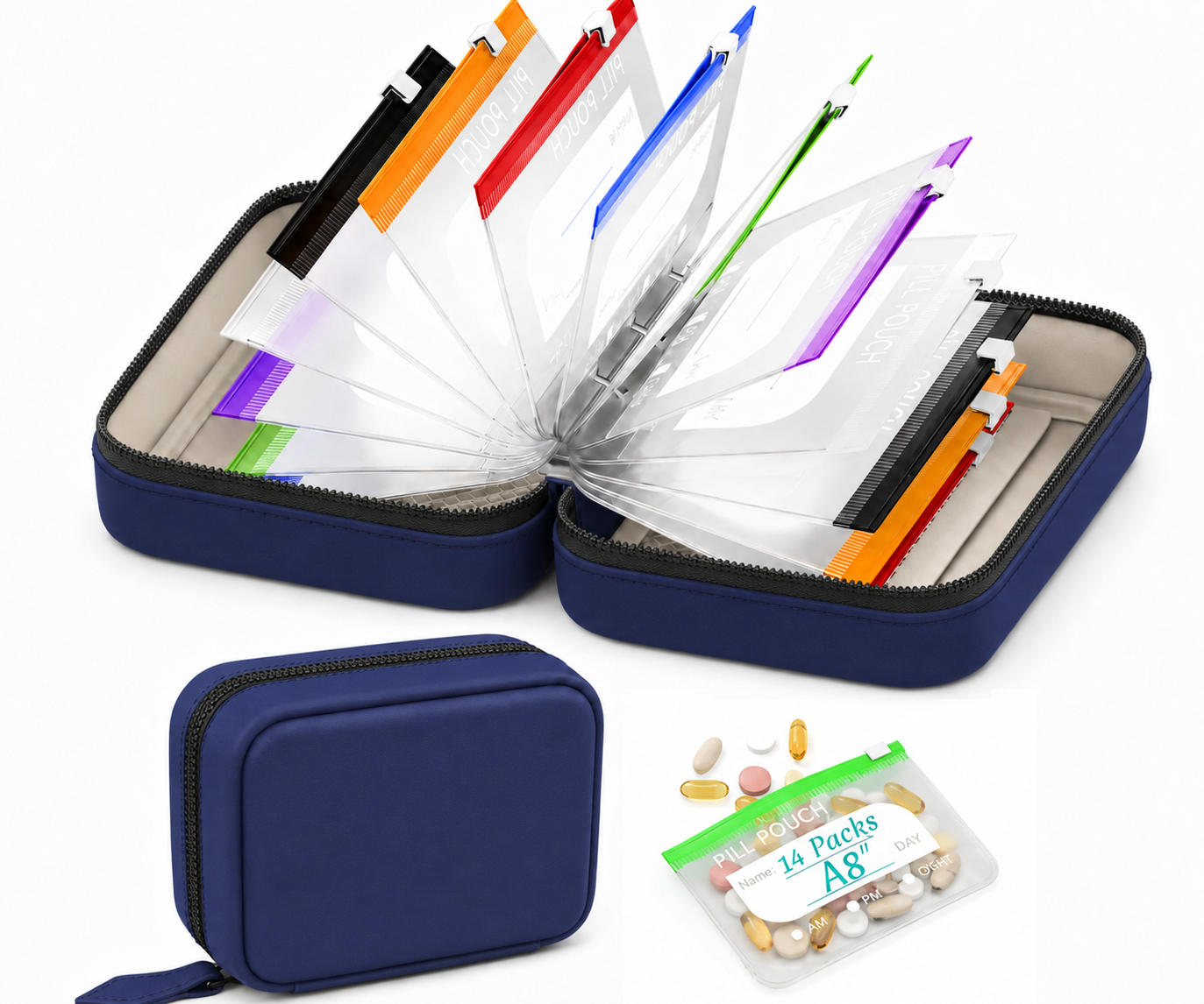 💊A8 Waterproof Pill Pouch Set – 7 to 14 Days of Meds & Vitamins💧Waterproof & Crush-Resistant Shell