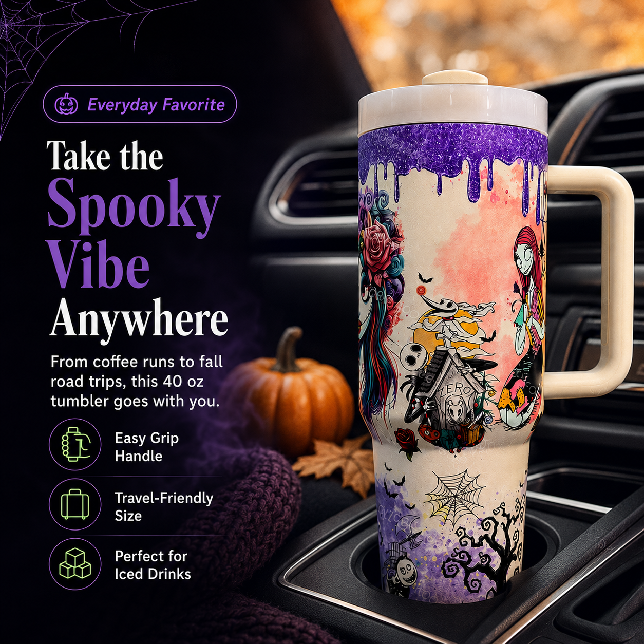 Halloween tumbler in a vehicle cup holder