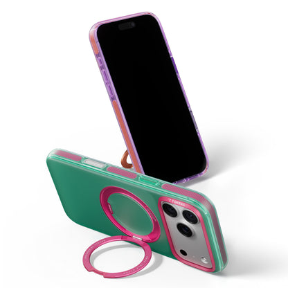 TORRAS Ostand O3 Hue case for iPhone 18 Pro/Pro Max in green and plum, two-device back angle