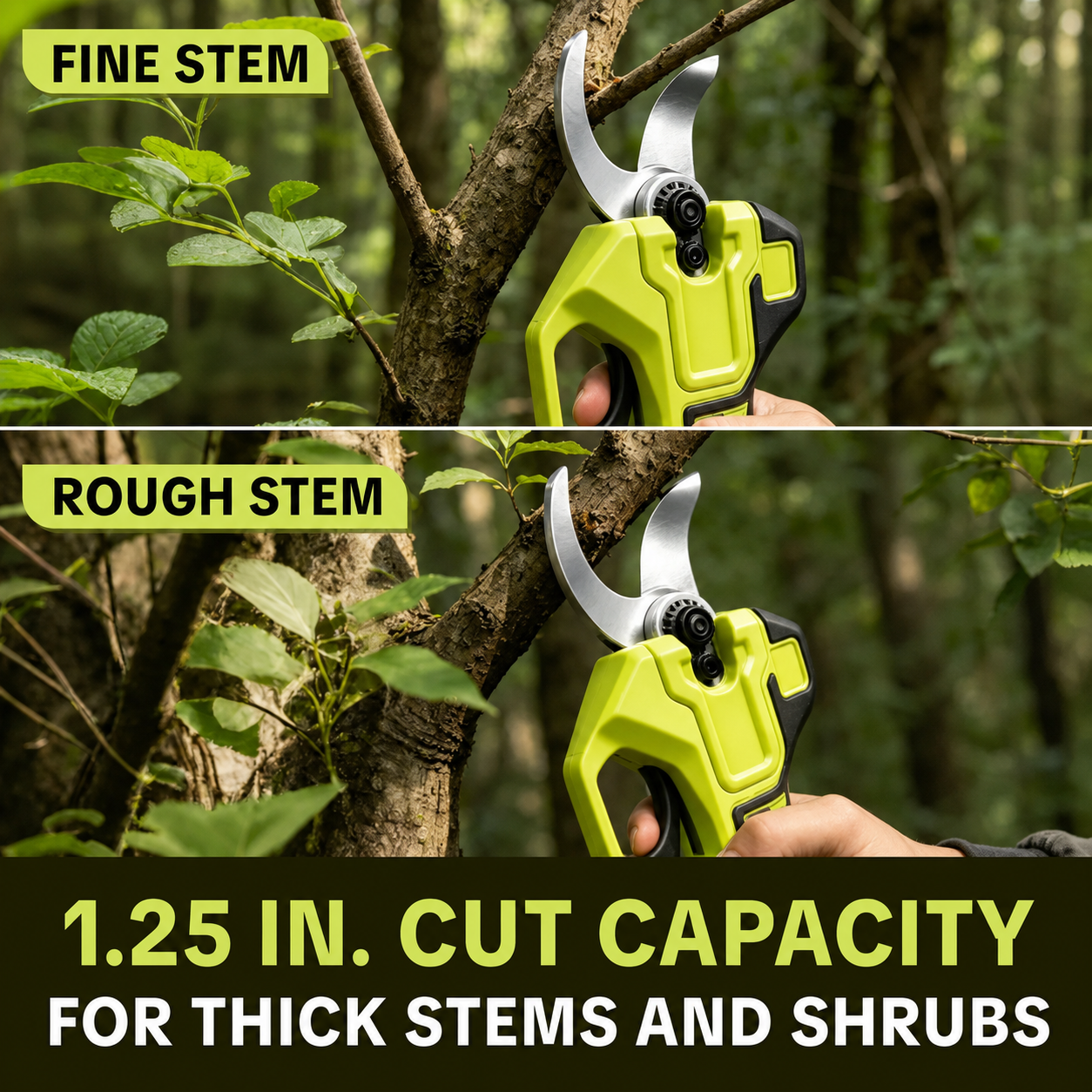 Electric pruning shears used on garden shrubs and woody stems