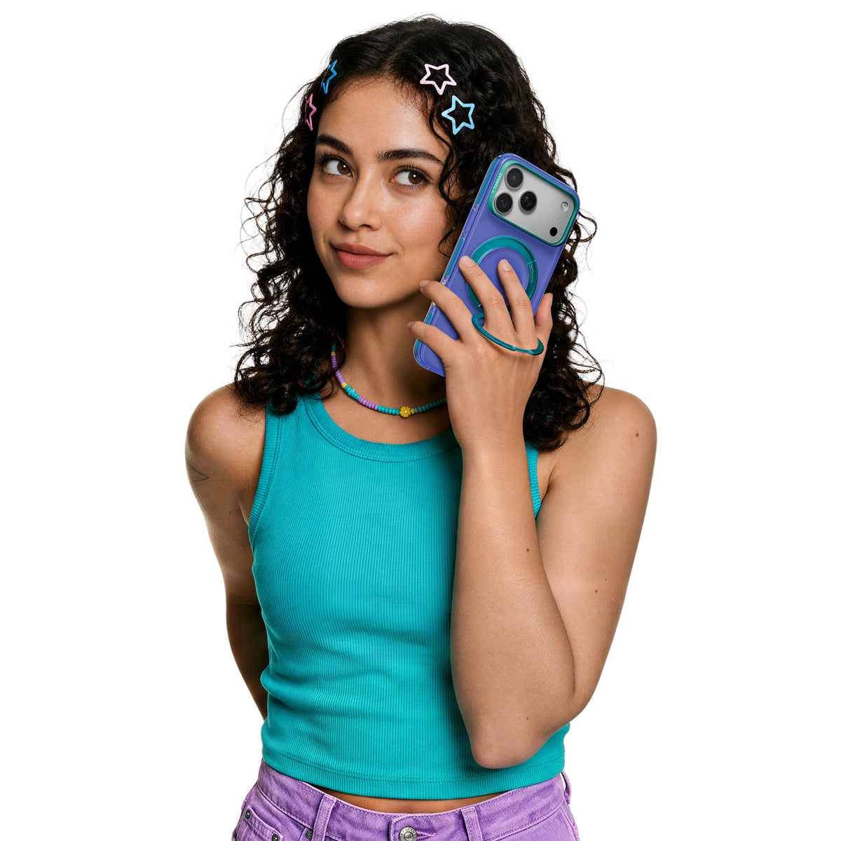 TORRAS Ostand O3 Hue case for iPhone 18 Pro/Pro Max in blue with a teal ring stand, lifestyle scene of a woman in a turquoise tank