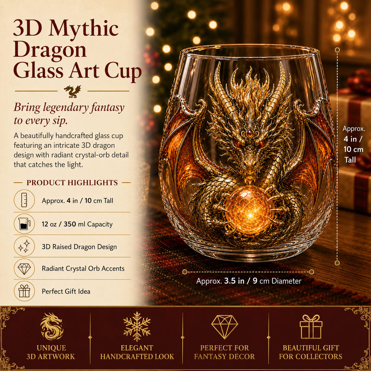 🐉✨ 3D Mythic Dragon Glass Art Cup | Luxury Raised Fantasy Glassware for Whiskey, Home Bar Decor & Legendary Gifts 🎁