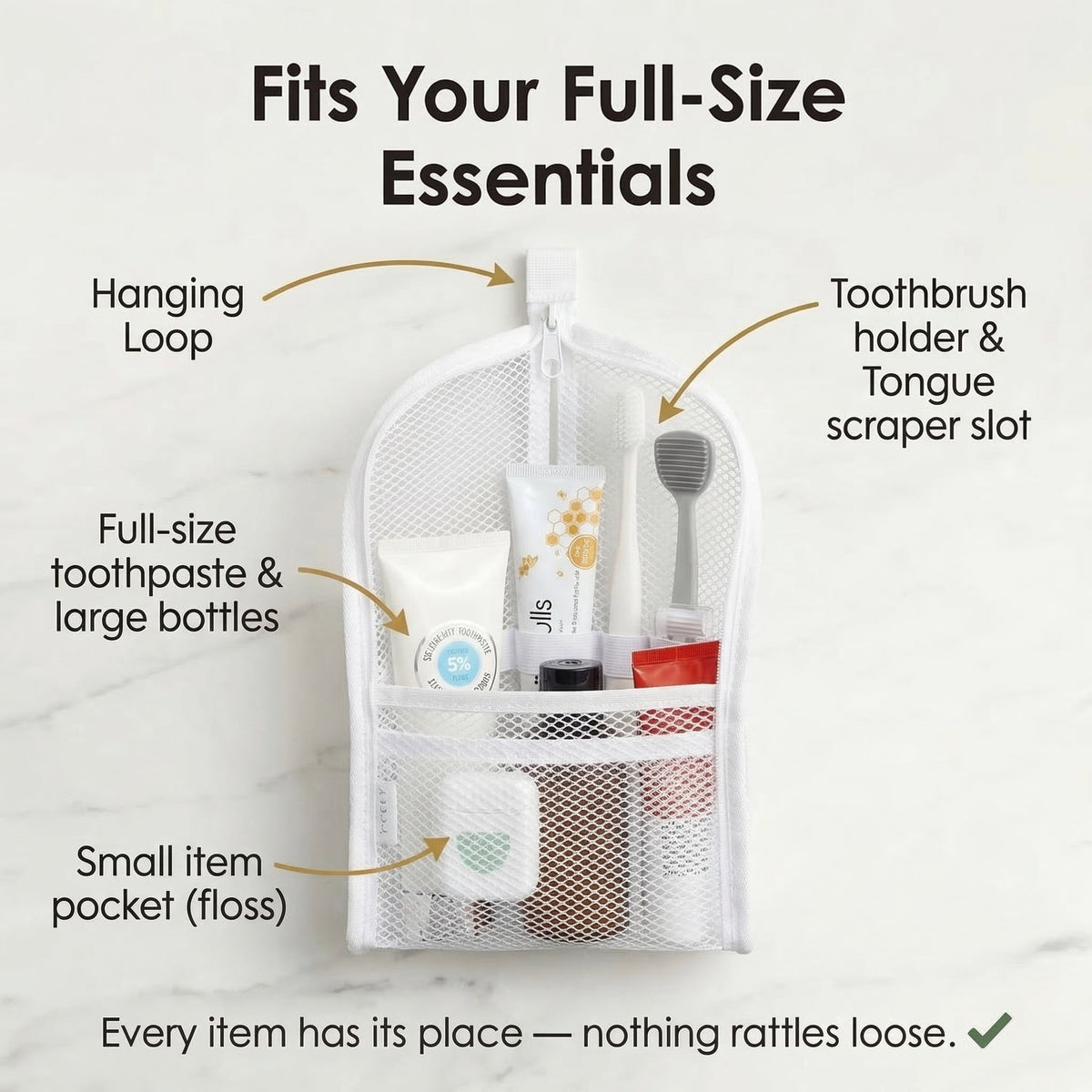 Full-size essentials stored in the travel toiletry pouch