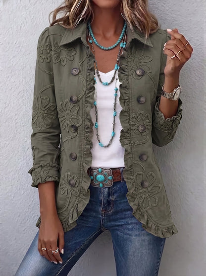 🌿🌿LAST DAY SAVE 49%⌛Boho-chic Floral Embroidered Utility Ruffled Trim Jacket