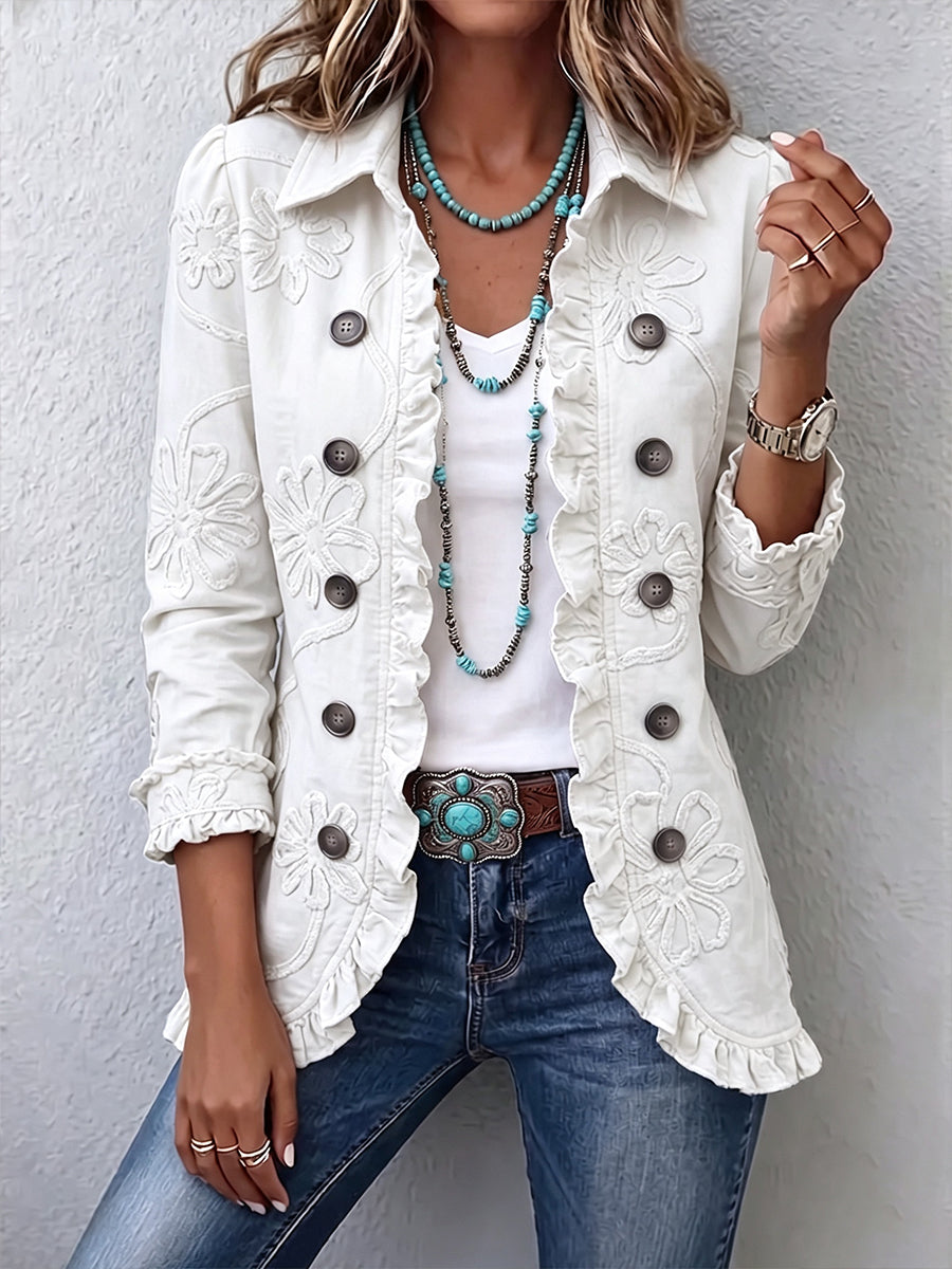🌿🌿LAST DAY SAVE 49%⌛Boho-chic Floral Embroidered Utility Ruffled Trim Jacket